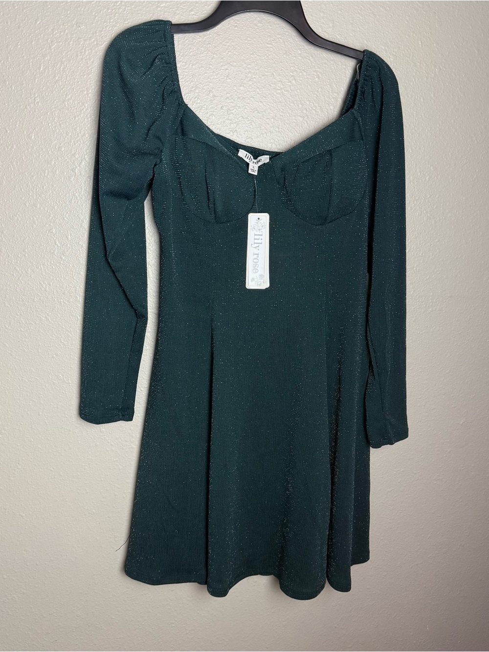 Lily Rose Green Shimmer Long Sleeve Fit & Flare Dress NWT Size Large